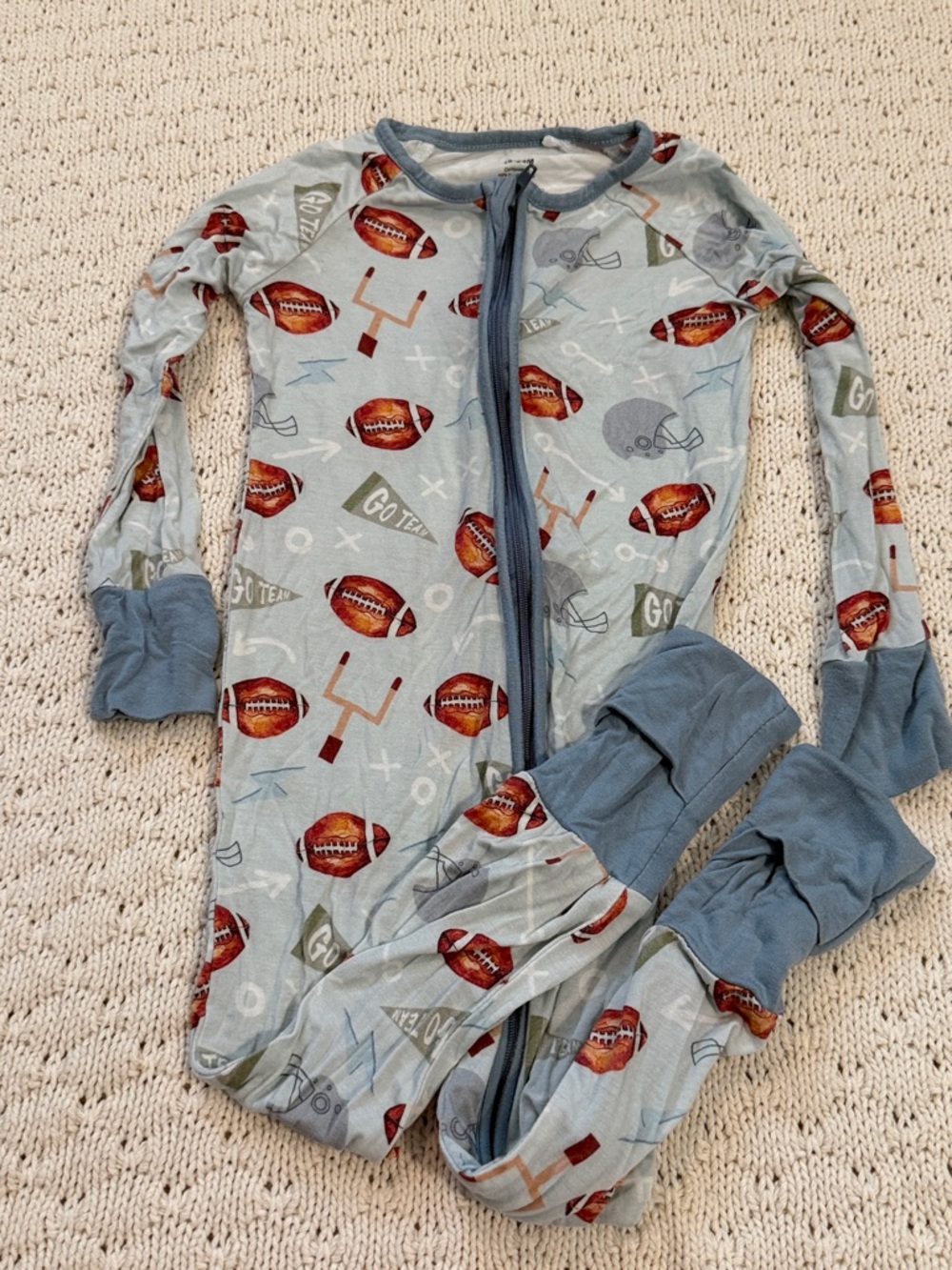 Toddler Football Print Zip Pajamas - Light Blue